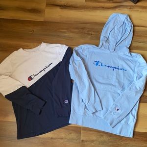 Champion youth XL navy/white long sleeve T-shirt, baby blue light weigh hoodie